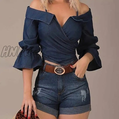 xsrrr Women Fashion Solid Shirt Lady Off shoulder Half Flare Sleeve Blouse Wrap Casual Shirts Spring Outfits Trends