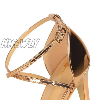 Hnewly Women Fetish 8cm 11cm High Heels Summer Mid Low Heels Champagne Gold Sandals Roman Pumps Lady Gladiators Stiletto Stripper Shoes