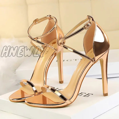 Hnewly Women Fetish 8cm 11cm High Heels Summer Mid Low Heels Champagne Gold Sandals Roman Pumps Lady Gladiators Stiletto Stripper Shoes