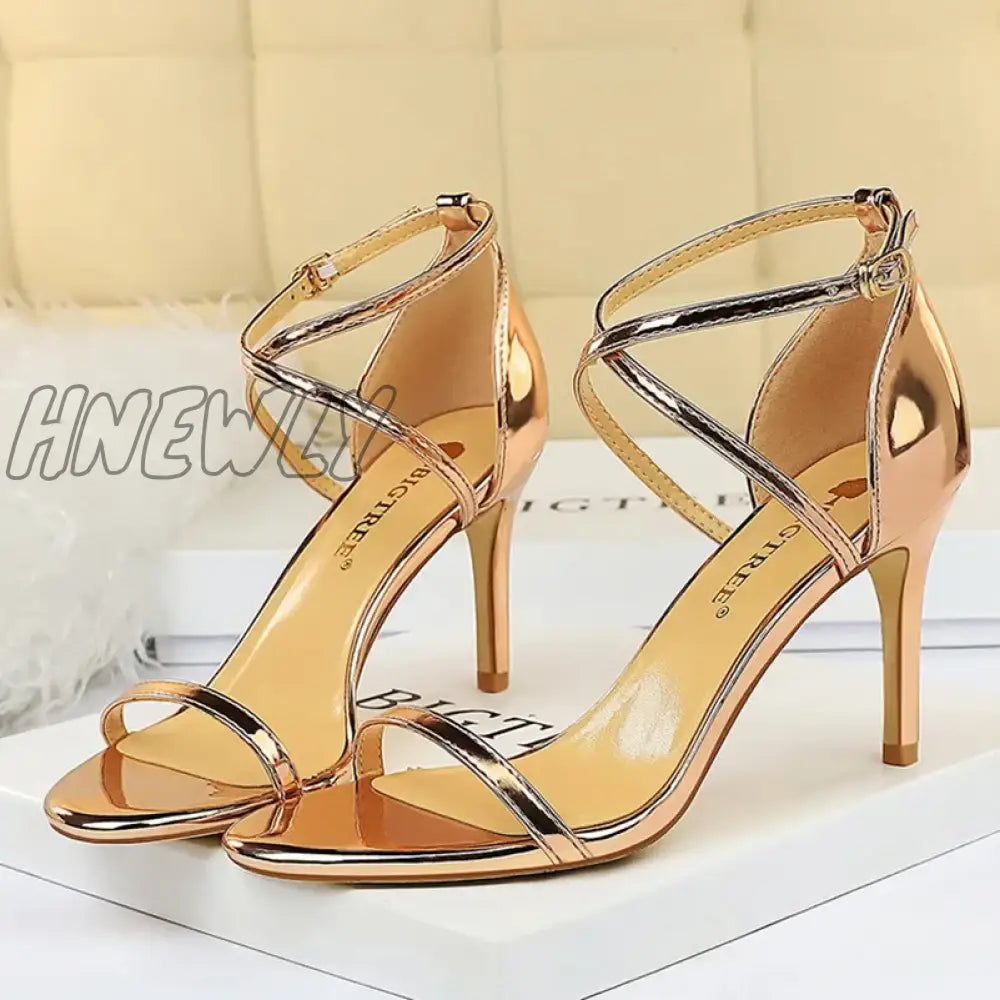 Hnewly Women Fetish 8cm 11cm High Heels Summer Mid Low Heels Champagne Gold Sandals Roman Pumps Lady Gladiators Stiletto Stripper Shoes