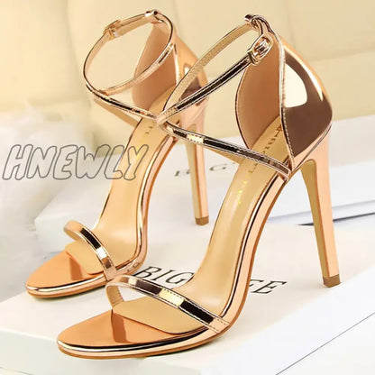 Hnewly Women Fetish 8cm 11cm High Heels Summer Mid Low Heels Champagne Gold Sandals Roman Pumps Lady Gladiators Stiletto Stripper Shoes