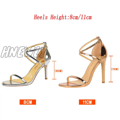 Hnewly Women Fetish 8cm 11cm High Heels Summer Mid Low Heels Champagne Gold Sandals Roman Pumps Lady Gladiators Stiletto Stripper Shoes