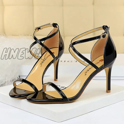 Hnewly Women Fetish 8cm 11cm High Heels Summer Mid Low Heels Champagne Gold Sandals Roman Pumps Lady Gladiators Stiletto Stripper Shoes