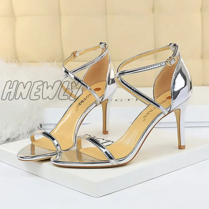 Hnewly Women Fetish 8cm 11cm High Heels Summer Mid Low Heels Champagne Gold Sandals Roman Pumps Lady Gladiators Stiletto Stripper Shoes