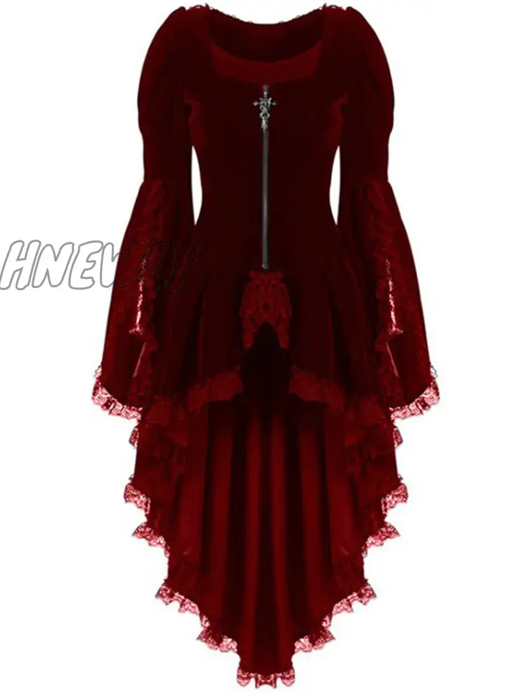 xsrrr Women Gothic Long Sleeve Lace Stitching Velvet Tuxedo Jacket Medieval Aristocratic Ladies Vampire Dress Lolita Cosplay Costume Halloween