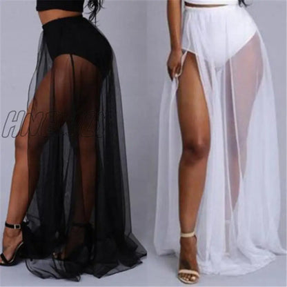 Hnewly Women High Waist Mesh Skirts Empire See Through Sheer Side Split Skirt Solid Transparent Chiffon Maxi Long Skirt Summer