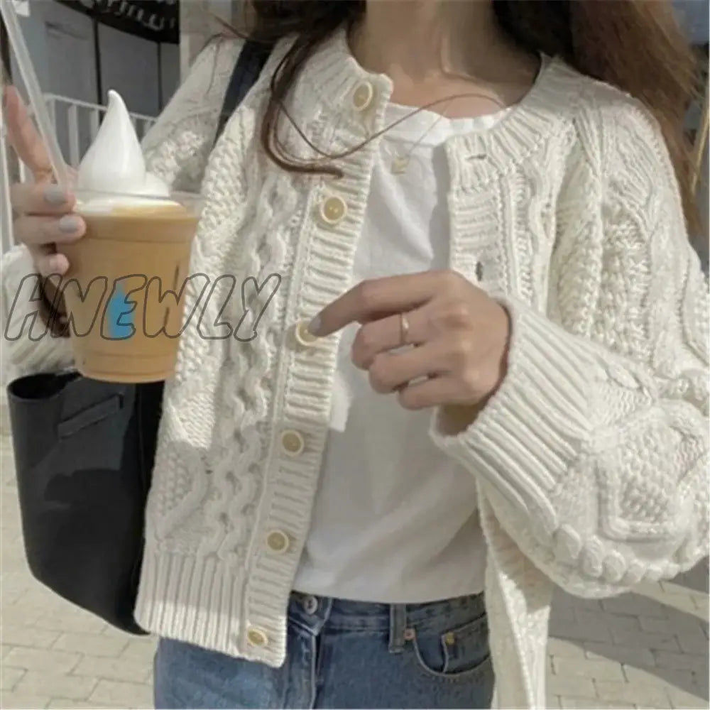 Hnewly Women Knitted Cardigan Sweater Korean Autumn Winter Cardigan Sweater Coat Round Neck Single Breasted Loose Long Sleeve Coat