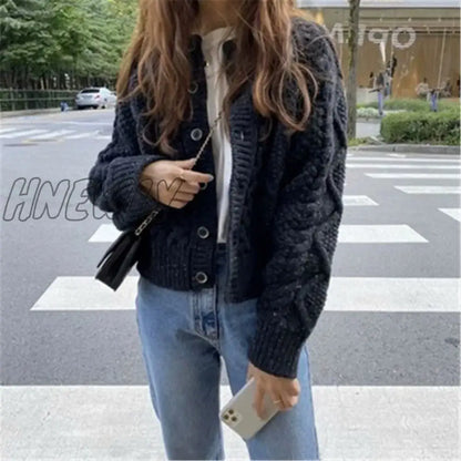 Hnewly Women Knitted Cardigan Sweater Korean Autumn Winter Cardigan Sweater Coat Round Neck Single Breasted Loose Long Sleeve Coat