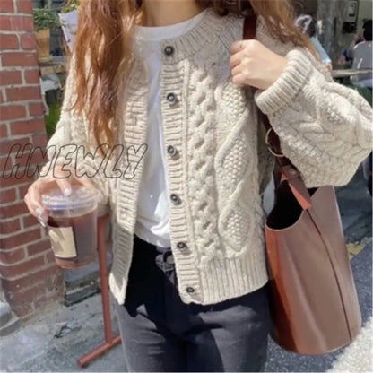 Hnewly Women Knitted Cardigan Sweater Korean Autumn Winter Cardigan Sweater Coat Round Neck Single Breasted Loose Long Sleeve Coat