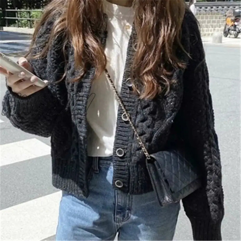 Hnewly Women Knitted Cardigan Sweater Korean Autumn Winter Cardigan Sweater Coat Round Neck Single Breasted Loose Long Sleeve Coat