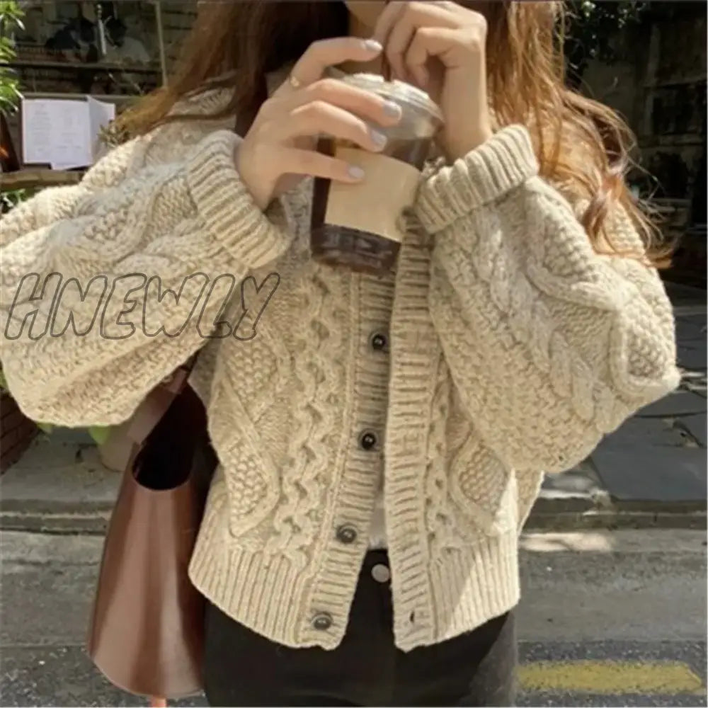 Hnewly Women Knitted Cardigan Sweater Korean Autumn Winter Cardigan Sweater Coat Round Neck Single Breasted Loose Long Sleeve Coat