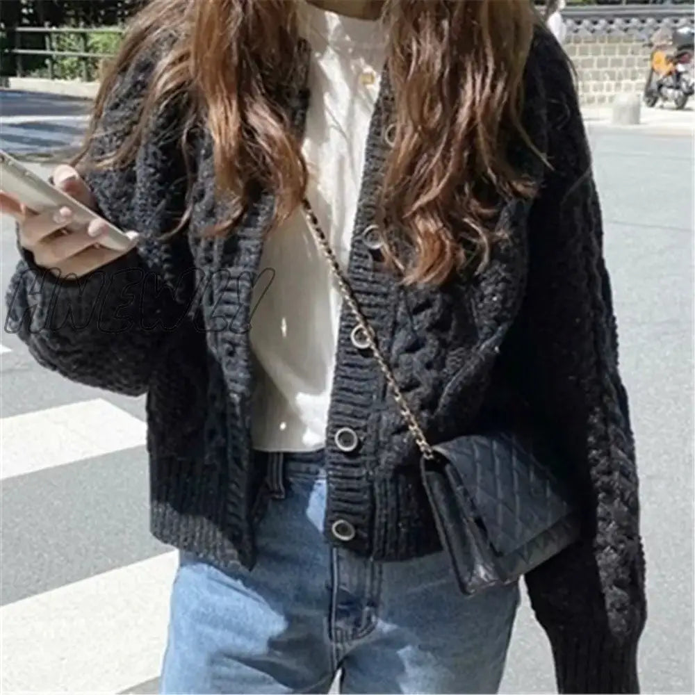 Hnewly Women Knitted Cardigan Sweater Korean Autumn Winter Cardigan Sweater Coat Round Neck Single Breasted Loose Long Sleeve Coat