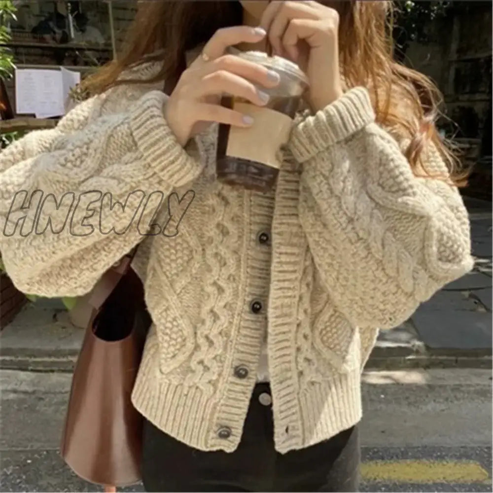 Hnewly Women Knitted Cardigan Sweater Korean Autumn Winter Cardigan Sweater Coat Round Neck Single Breasted Loose Long Sleeve Coat