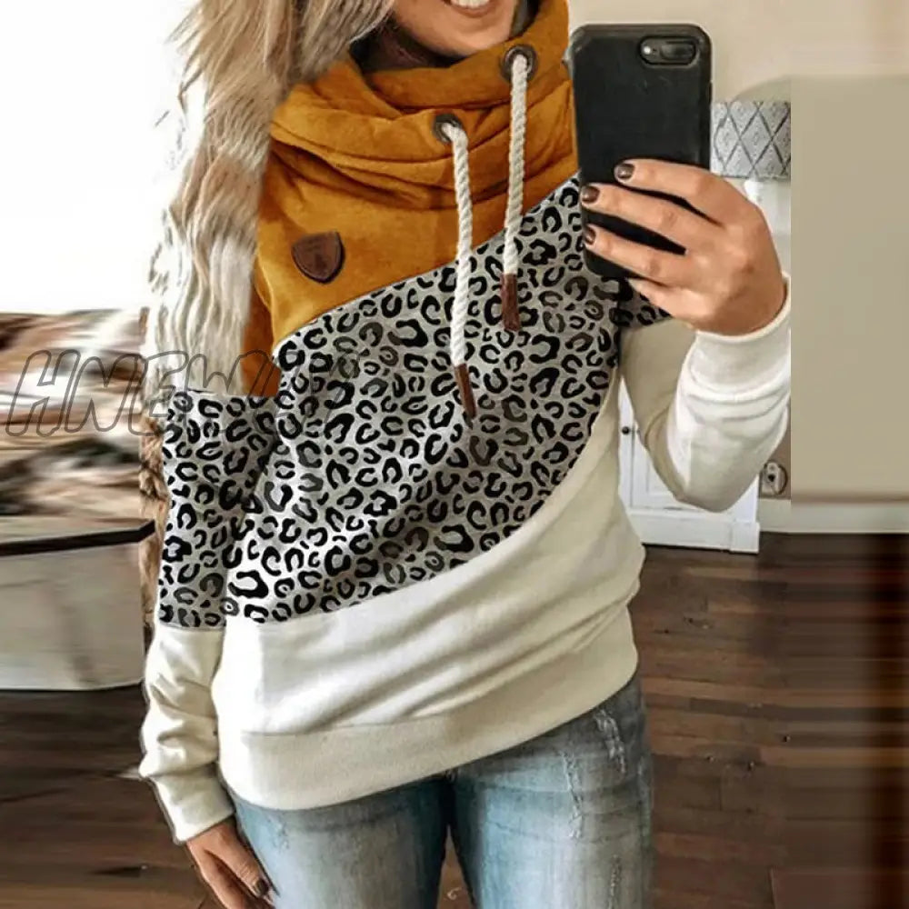 Hnewly Women Leopard Patchwork Hooded Sweatshirt Autumn Winter Turtleneck Warm Long Sleeve Printed Hoodies Female Drawstring Pullovers