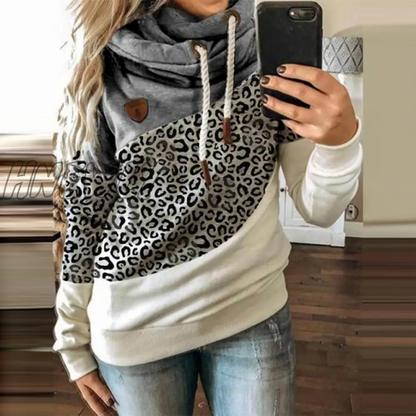 Hnewly Women Leopard Patchwork Hooded Sweatshirt Autumn Winter Turtleneck Warm Long Sleeve Printed Hoodies Female Drawstring Pullovers