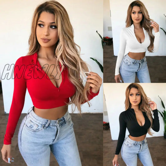 xsrrr Women Long Sleeve Crop Tops V Neck Zip Bandage T-Shirt Summer Beach Slim Fitness Bodycon Casual Solid Party Sexy Streetwear Top Edgy Style