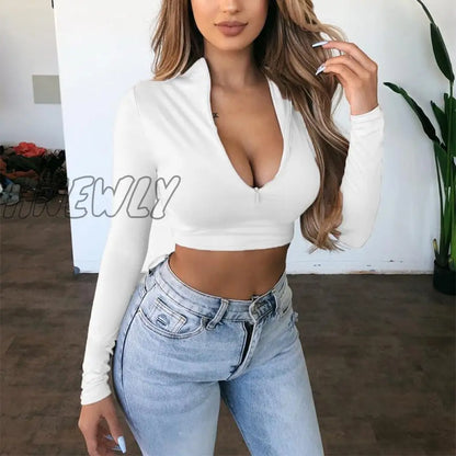 xsrrr Women Long Sleeve Crop Tops V Neck Zip Bandage T-Shirt Summer Beach Slim Fitness Bodycon Casual Solid Party Sexy Streetwear Top Edgy Style