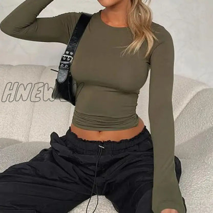 Hnewly Women Long Sleeve Slim T-Shirts O Neck Autumn Winter Causal Solid Tops Pullovers Base Tees Streetwear Y2K Bodycon T Shirt