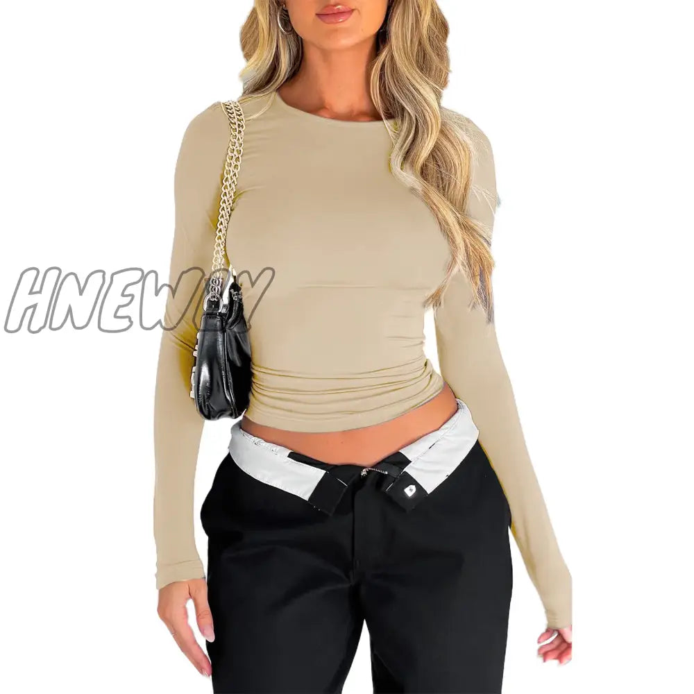 Hnewly Women Long Sleeve Slim T-Shirts O Neck Autumn Winter Causal Solid Tops Pullovers Base Tees Streetwear Y2K Bodycon T Shirt