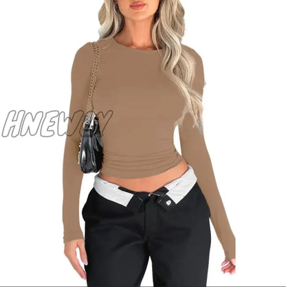 Hnewly Women Long Sleeve Slim T-Shirts O Neck Autumn Winter Causal Solid Tops Pullovers Base Tees Streetwear Y2K Bodycon T Shirt