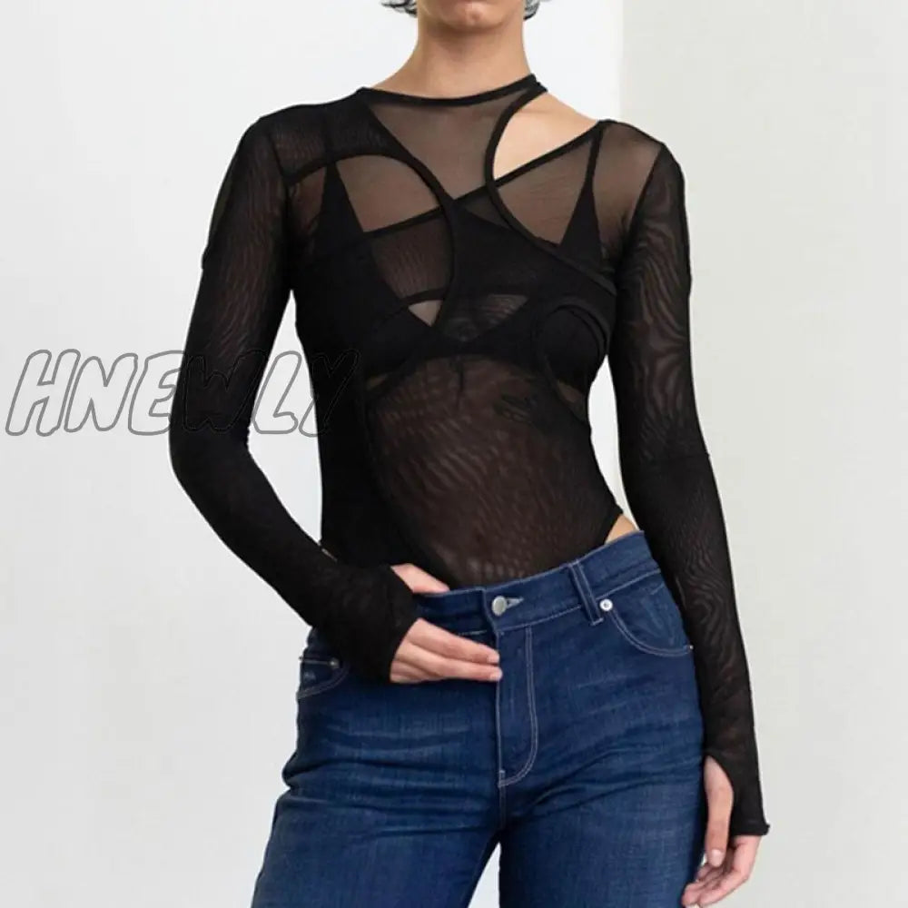 xsrrr Women Long Sleeves Fashion Slim See Through Patchwork O Neck Sexy Bodysuit Summer Fall Clothes Streetwear