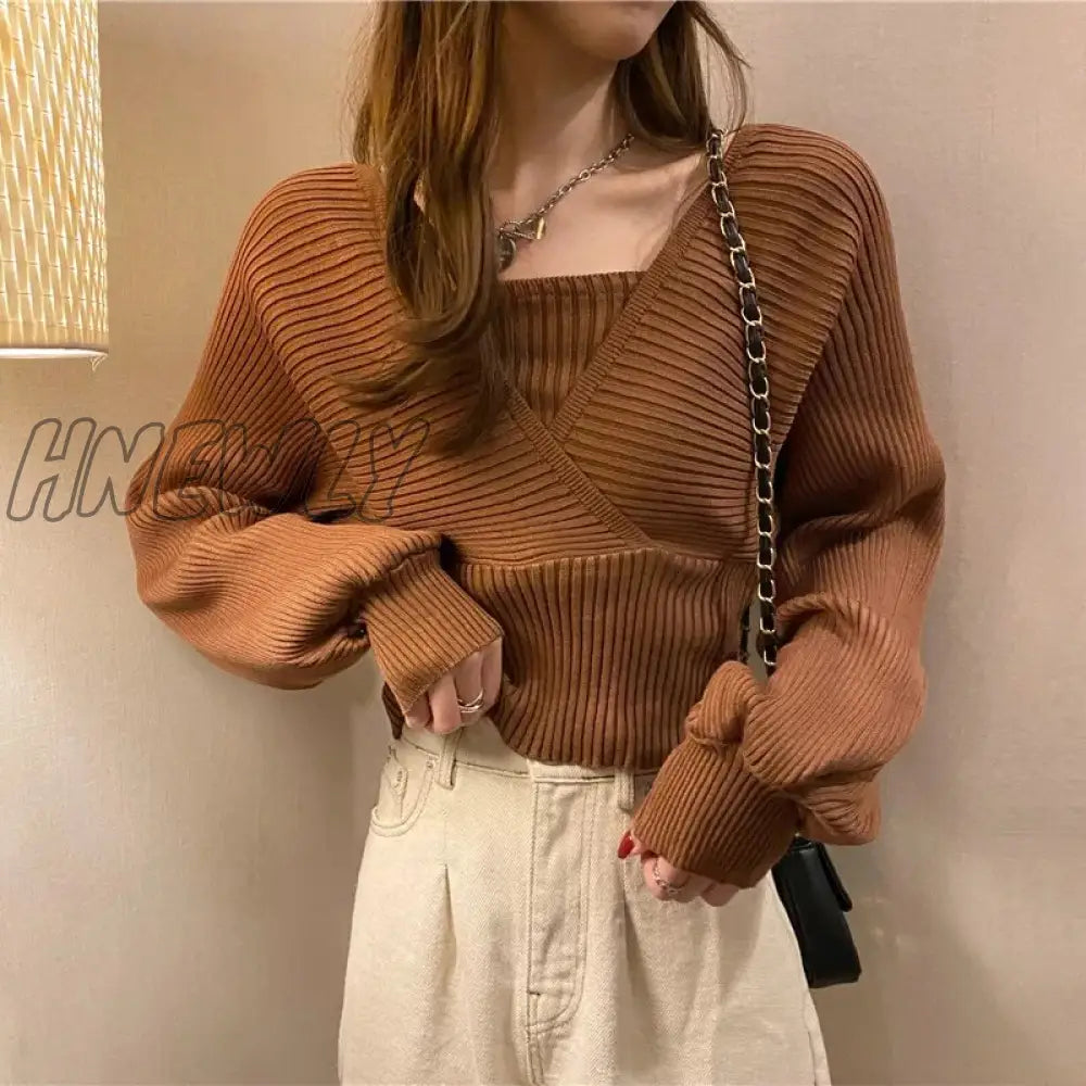 xsrrr Women Loose Knitted Pullover Sweaters Spring Summer Korean Sexy Off The Shoulder Criss Cross Knitwear Tops