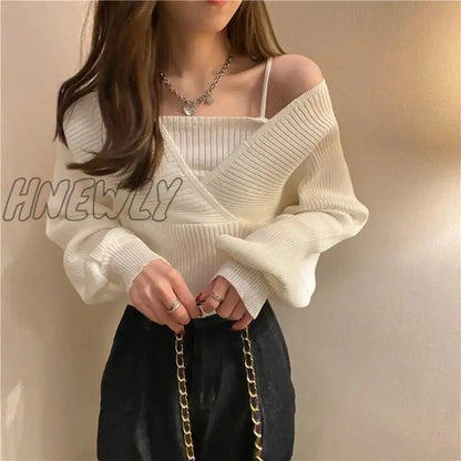 xsrrr Women Loose Knitted Pullover Sweaters Spring Summer Korean Sexy Off The Shoulder Criss Cross Knitwear Tops