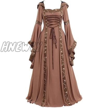 xsrrr Women Medeival Gothic Cosplay Dresses Victoria Steampunk Hoodies Bandage Halloween Noble Palace Bell  Long  Carnival Costumes