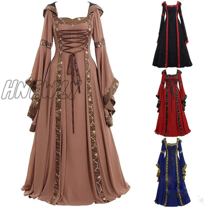 xsrrr Women Medeival Gothic Cosplay Dresses Victoria Steampunk Hoodies Bandage Halloween Noble Palace Bell  Long  Carnival Costumes