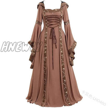 xsrrr Women Medeival Gothic Cosplay Dresses Victoria Steampunk Hoodies Bandage Halloween Noble Palace Bell  Long  Carnival Costumes