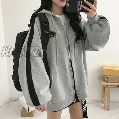 xsrrr Women Oversized Hoodies Autumn Casual Solid Zipper Sweatshirts Korean Version Loose Thin Long-sleeved Hooded Female Jacket Coat Alt Winter Outfits