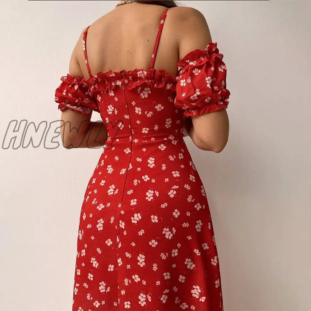 Hnewly Women¡¯s Off Shoulder Frilly Suspender Dress Party Summer Ladies Short Sleeve V-neck Split Mid-length Dress Floarl A-Line