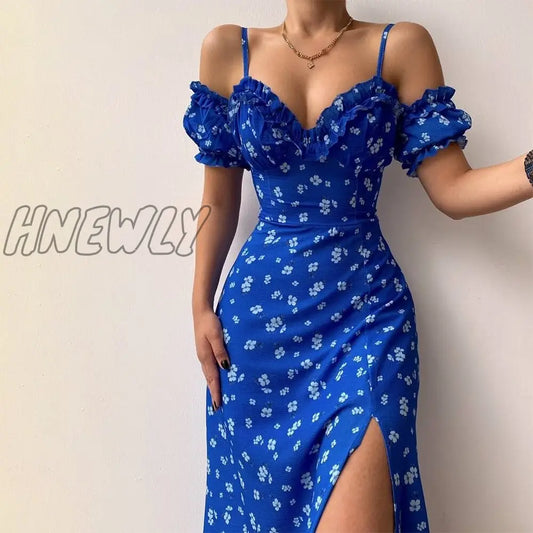 Hnewly Women¡¯s Off Shoulder Frilly Suspender Dress Party Summer Ladies Short Sleeve V-neck Split Mid-length Dress Floarl A-Line