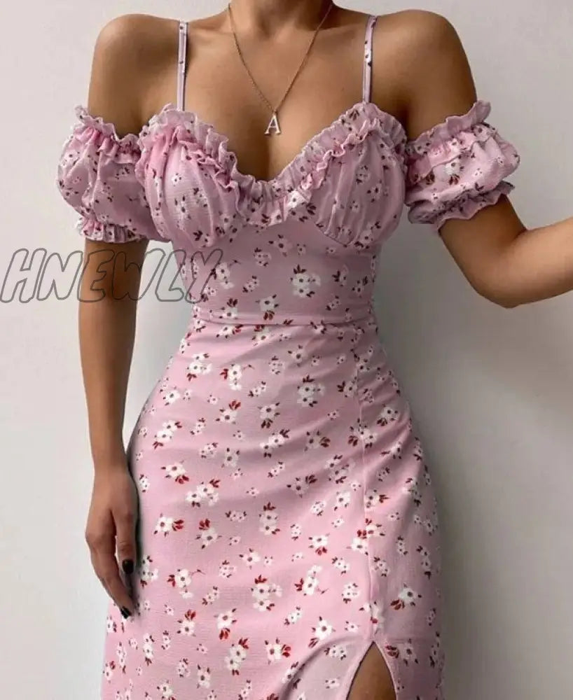 Hnewly Women¡¯s Off Shoulder Frilly Suspender Dress Party Summer Ladies Short Sleeve V-neck Split Mid-length Dress Floarl A-Line