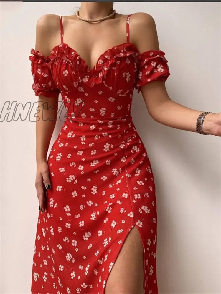 Hnewly Women¡¯s Off Shoulder Frilly Suspender Dress Party Summer Ladies Short Sleeve V-neck Split Mid-length Dress Floarl A-Line