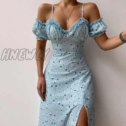 Hnewly Women¡¯s Off Shoulder Frilly Suspender Dress Party Summer Ladies Short Sleeve V-neck Split Mid-length Dress Floarl A-Line