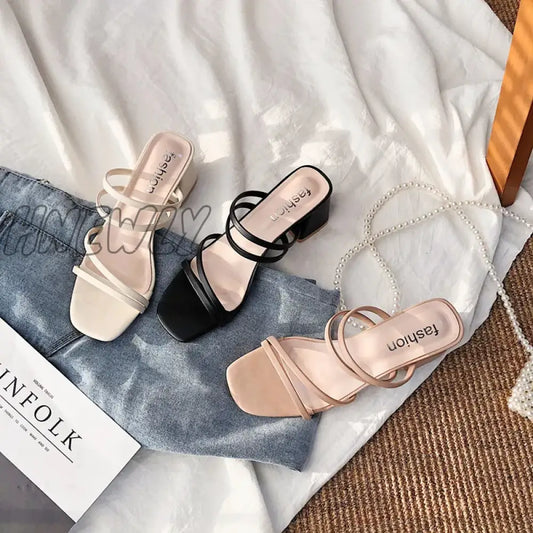 Hnewly Women Sandals Ladies Square Heels Elegant Summer Slippers Outside Cross Tied Leather Female Slides Fashion Woman Sandals