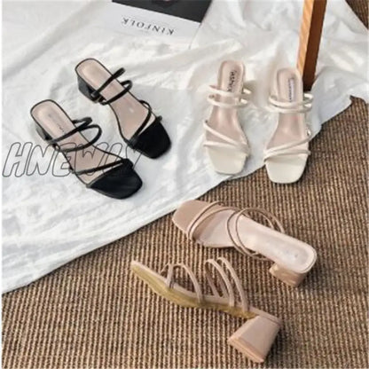 Hnewly Women Sandals Ladies Square Heels Elegant Summer Slippers Outside Cross Tied Leather Female Slides Fashion Woman Sandals