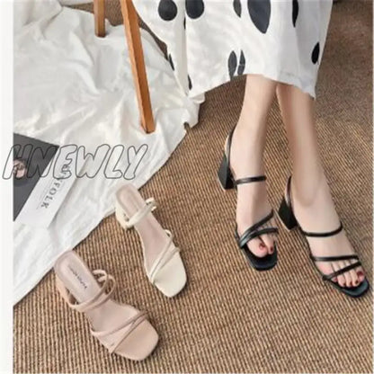 Hnewly Women Sandals Ladies Square Heels Elegant Summer Slippers Outside Cross Tied Leather Female Slides Fashion Woman Sandals