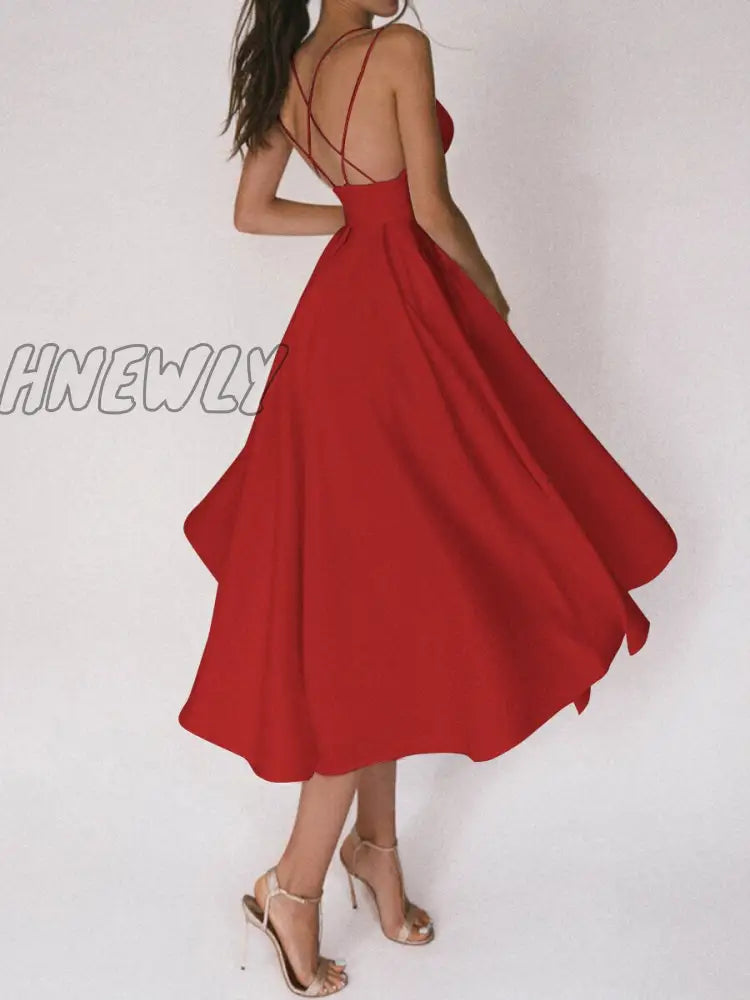 xsrrr Women Sexy Ball Gown Prom Dresses New Lady Solid V Neck Backless Party Slip Casual Summer Elegant Slim Vestido Valentines Day