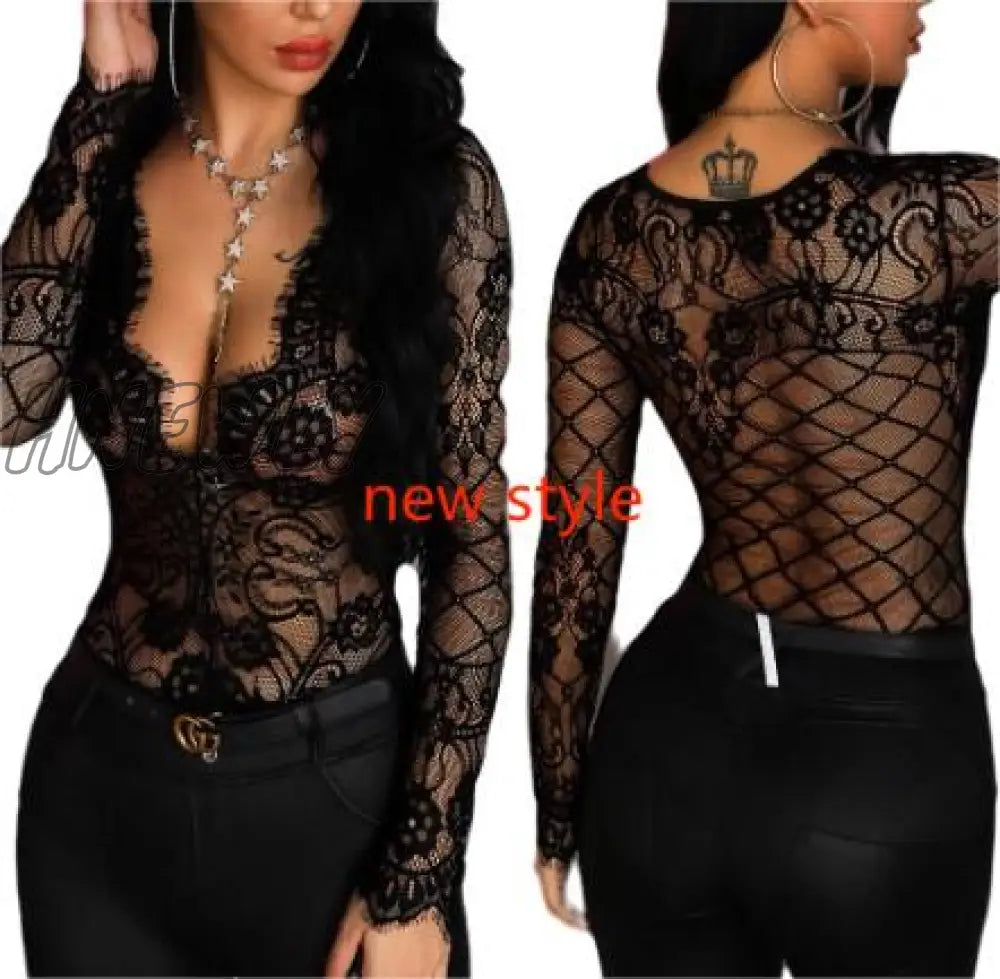 xsrrr Women Sexy Black Lace  Base Shirt Plunge Long SLeeve Top Spring Outfits Trends Going Out Outfits