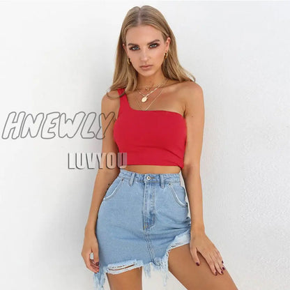 xsrrr Women Sexy Cool Single One Shoulder Tank Tops Vest Bare Midriff Sleeveless T-Shirt Summer Beach Crop Top