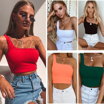 xsrrr Women Sexy Cool Single One Shoulder Tank Tops Vest Bare Midriff Sleeveless T-Shirt Summer Beach Crop Top