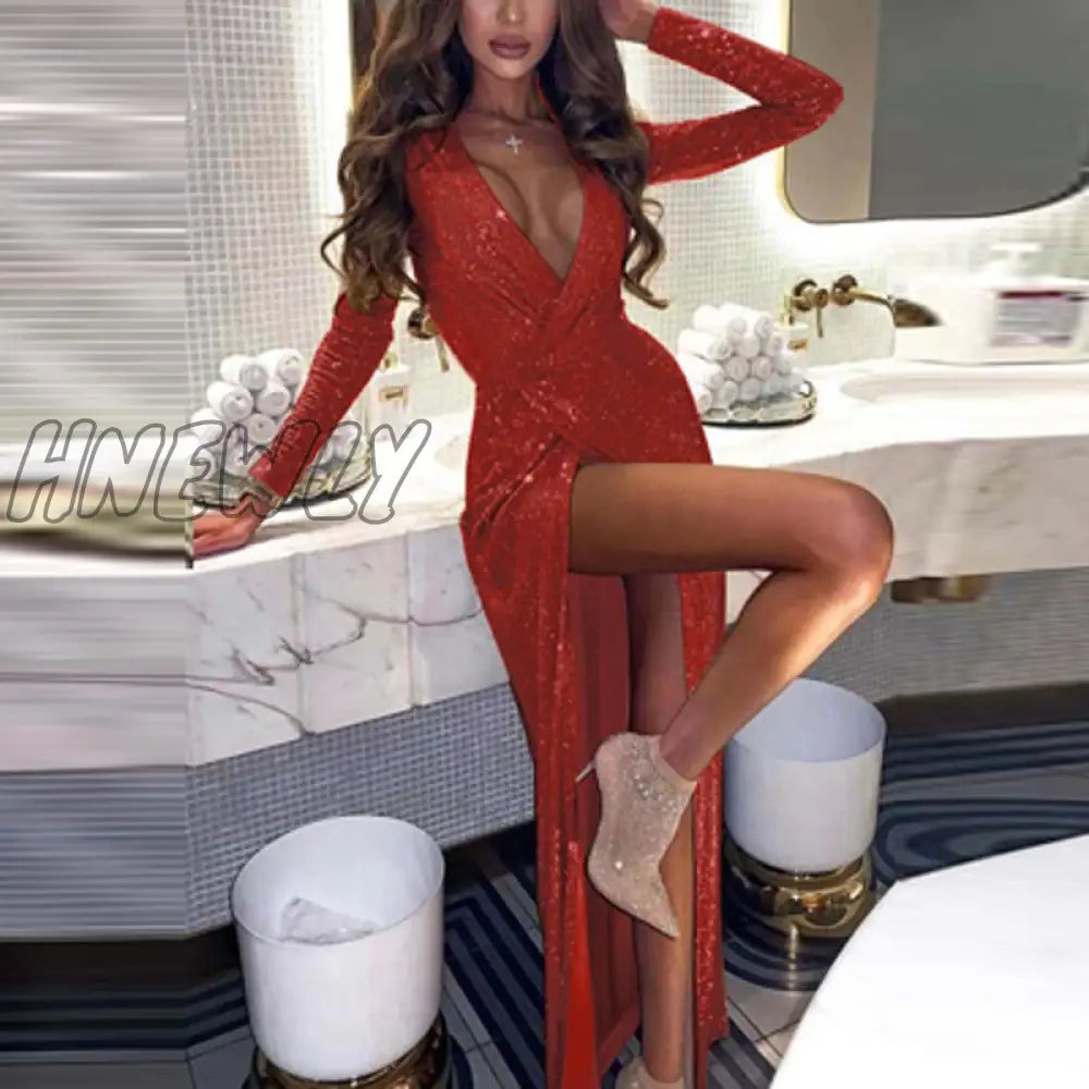 xsrrr Women Sexy Deep V Neck Sequin High Slit Dress Spring Hollow Out Shiny Draped Club Party Dress Autumn Slim Robe Boho Long Dresses Nye Outfits