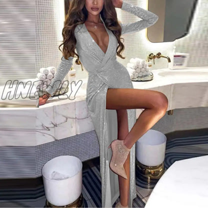 xsrrr Women Sexy Deep V Neck Sequin High Slit Dress Spring Hollow Out Shiny Draped Club Party Dress Autumn Slim Robe Boho Long Dresses Nye Outfits