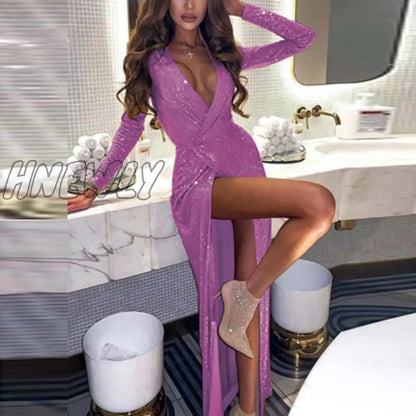 xsrrr Women Sexy Deep V Neck Sequin High Slit Dress Spring Hollow Out Shiny Draped Club Party Dress Autumn Slim Robe Boho Long Dresses Nye Outfits