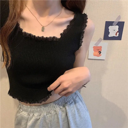xsrrr Women Sexy Lace Up Crop Tank Tops Square Neck Plain Crop Tops Basic Solid Crop Tops Plain Short Bottomed Top Y2k Lace Tops