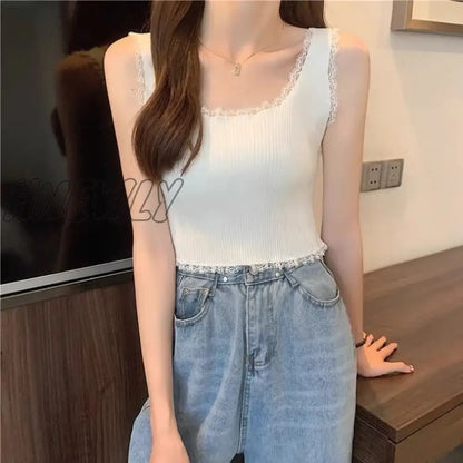 xsrrr Women Sexy Lace Up Crop Tank Tops Square Neck Plain Crop Tops Basic Solid Crop Tops Plain Short Bottomed Top Y2k Lace Tops