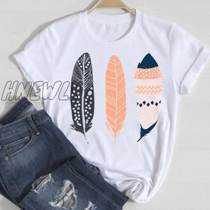 Hnewly Women Short Sleeve Feather 90s Style Fashion Cartoon Summer Graphic T Top Lady Print Tee Female Tshirts Clothes T-Shirt