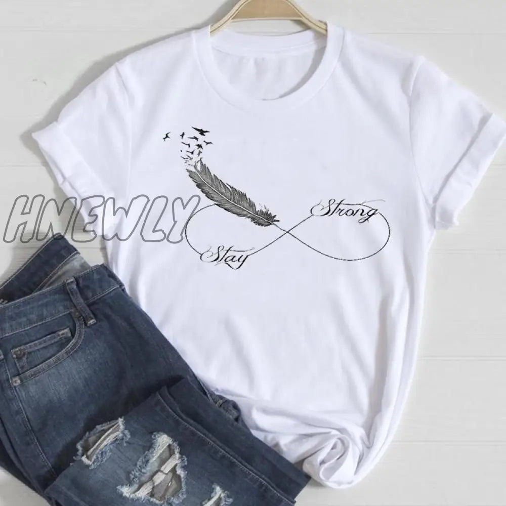 Hnewly Women Short Sleeve Feather 90s Style Fashion Cartoon Summer Graphic T Top Lady Print Tee Female Tshirts Clothes T-Shirt